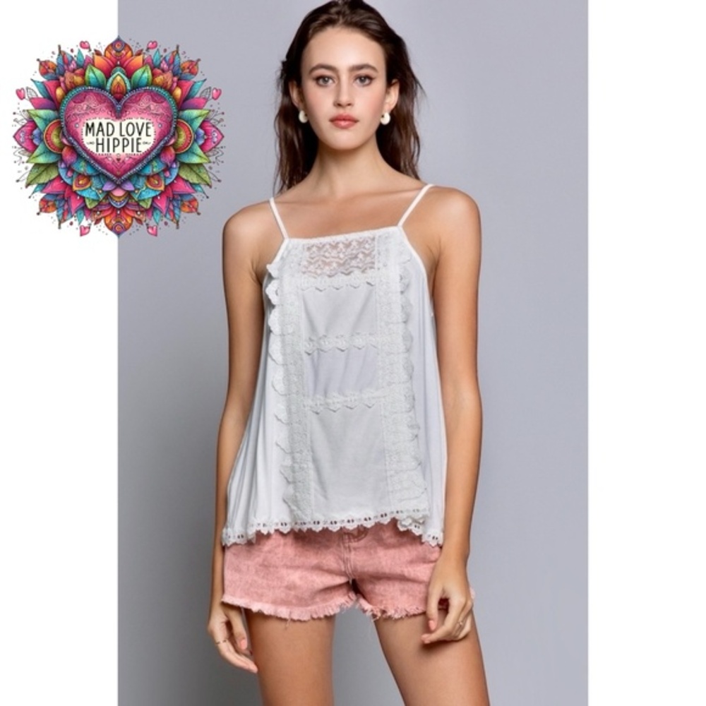 POL Ivory Lace Spaghetti Strap Rayon Cami Top